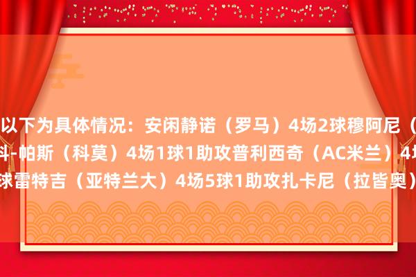 以下为具体情况:安闲静诺(罗马)4场2球穆阿尼(尤文)4场4球1助攻尼科-帕斯(科莫)4场1球1助攻普利西奇(AC米兰)4场2球雷特吉(亚特兰大)4场5球1助攻扎卡尼(拉皆奥)4场1球3助攻 体育录像/图片
