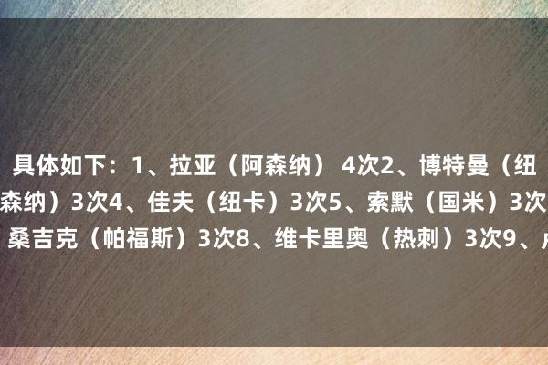 具体如下：1、拉亚（阿森纳） 4次2、博特曼（纽卡）3次3、萨利巴（阿森纳）3次4、佳夫（纽卡）3次5、索默（国米）3次6、波普（纽卡）3次7、桑吉克（帕福斯）3次8、维卡里奥（热刺）3次9、卢卡森（帕福斯）3次10、米歇尔（帕福斯）3次    2024最新买球体育信息